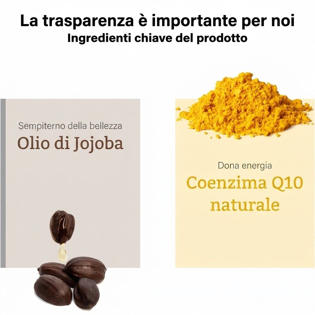 Olio di jojoba e coenzima Q10. Testo: "La trasparenza è importante per noi".