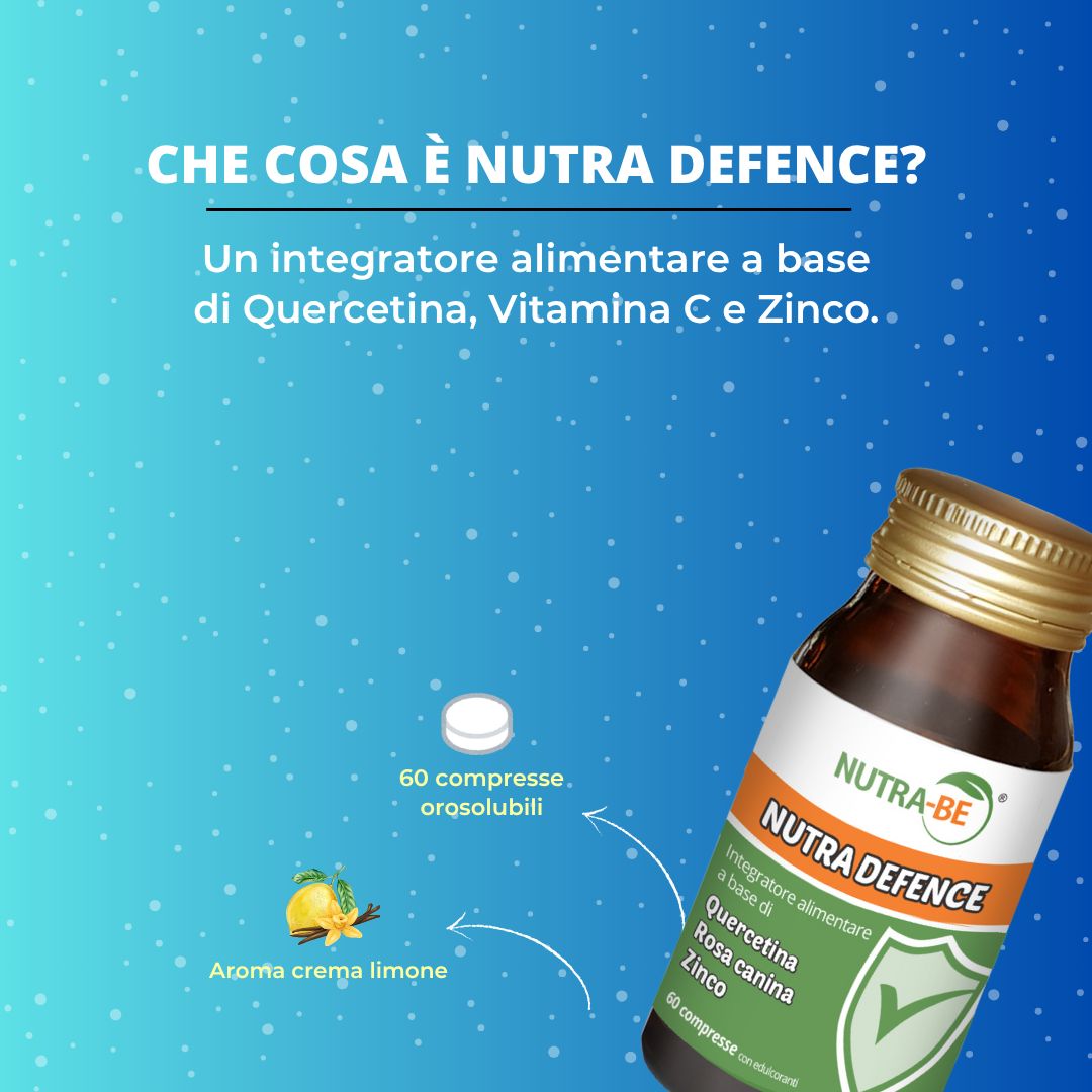 Sfondo blu con testo. Flacone "NUTRA-BE NUTRA DEFENCE". Testo: Cos'è Nutra Defence? 60 compresse. Aroma crema limone.