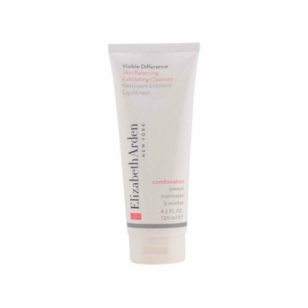 Tubo bianco con nome del prodotto e del marchio. Testo: Visible Difference, Skin Balancing, Exfoliating Cleanser. Marchio: Elizabeth Arden.