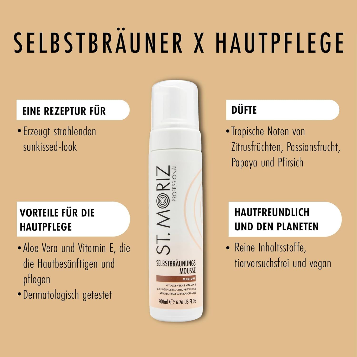 ST. MORIZ Mousse autoabbronzante Medium. Contiene Aloe Vera e Vitamina E. Dermatologicamente testato. Vegano.