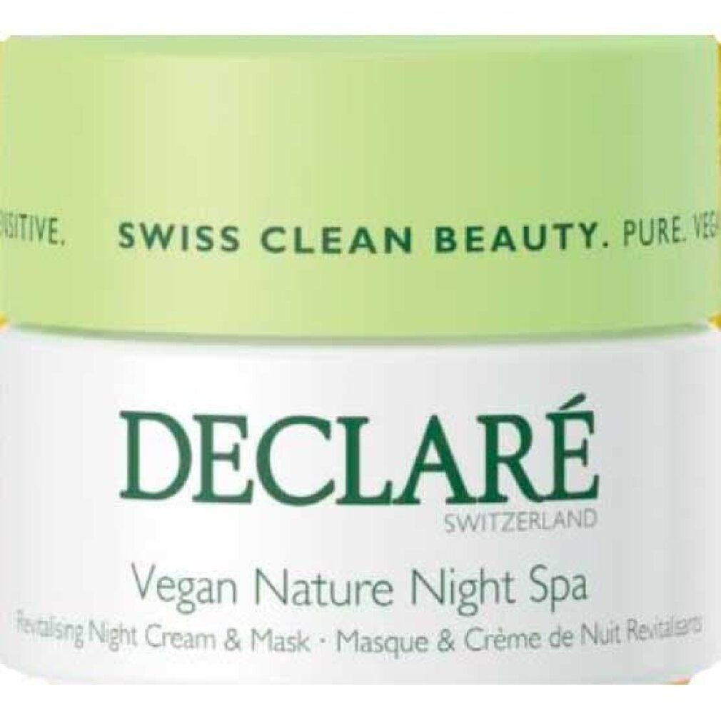 Vaso di crema con coperchio verde. Scritta: DECLARÉ Vegan Nature Night Spa. Crema notte e maschera rivitalizzante.
