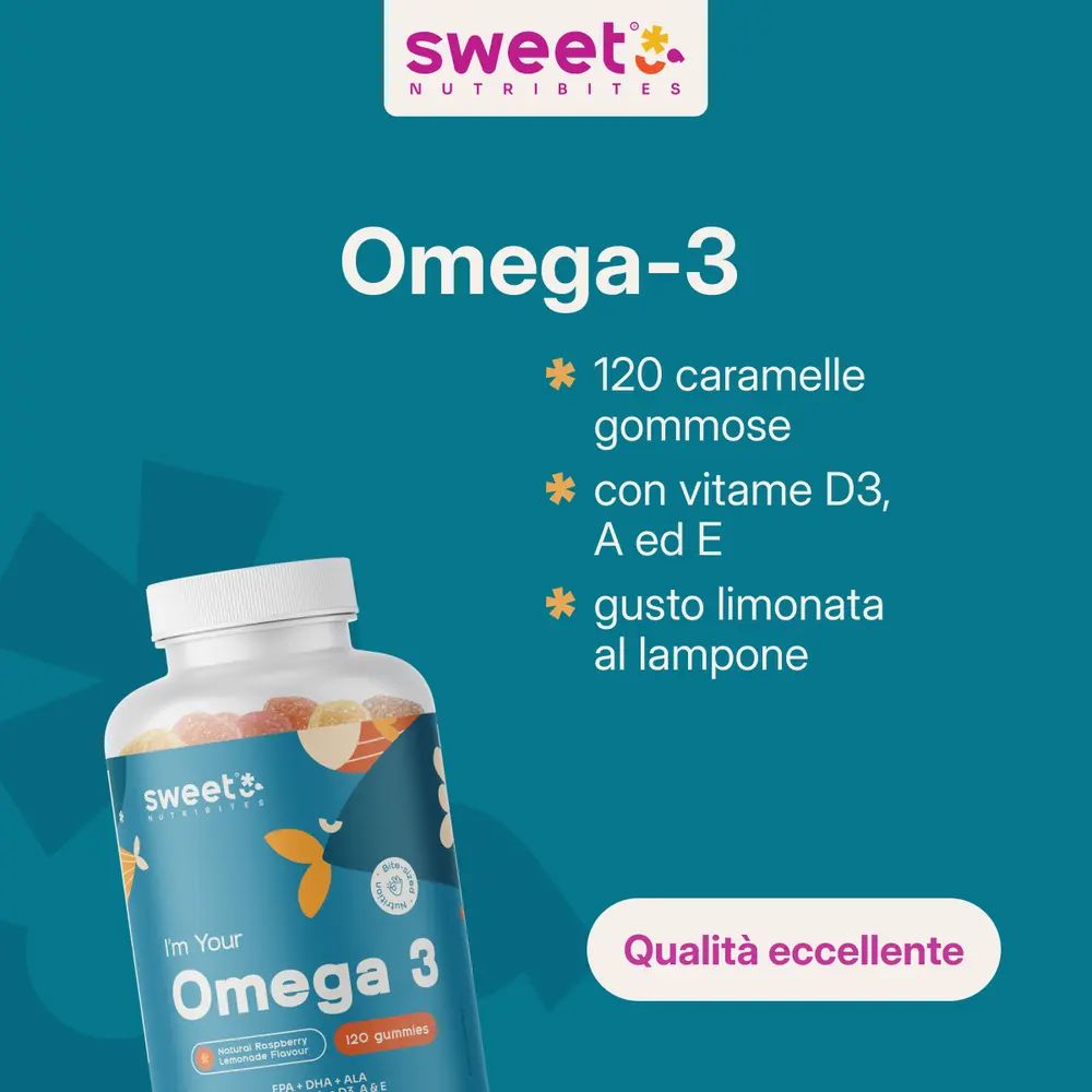 Flacone di caramelle gommose Omega-3. Testo: Omega-3, 120 caramelle, gusto limonata lampone. Qualità.