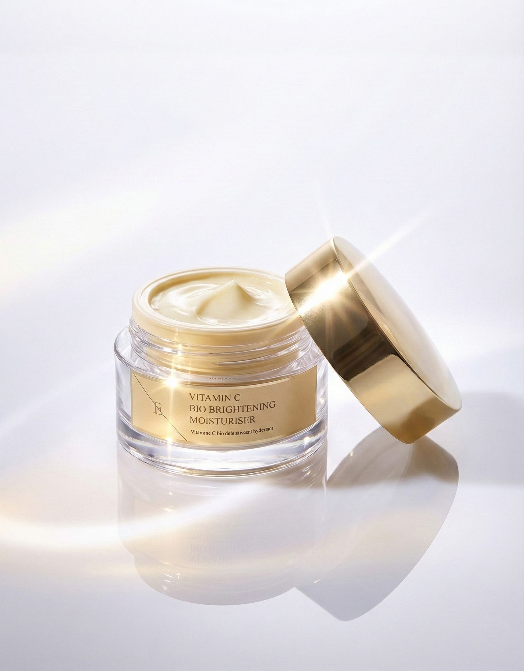 Vasetto di vetro aperto con coperchio dorato. Etichetta con testo: Vitamin C Bio Brightening Moisturiser. Marchio: E.