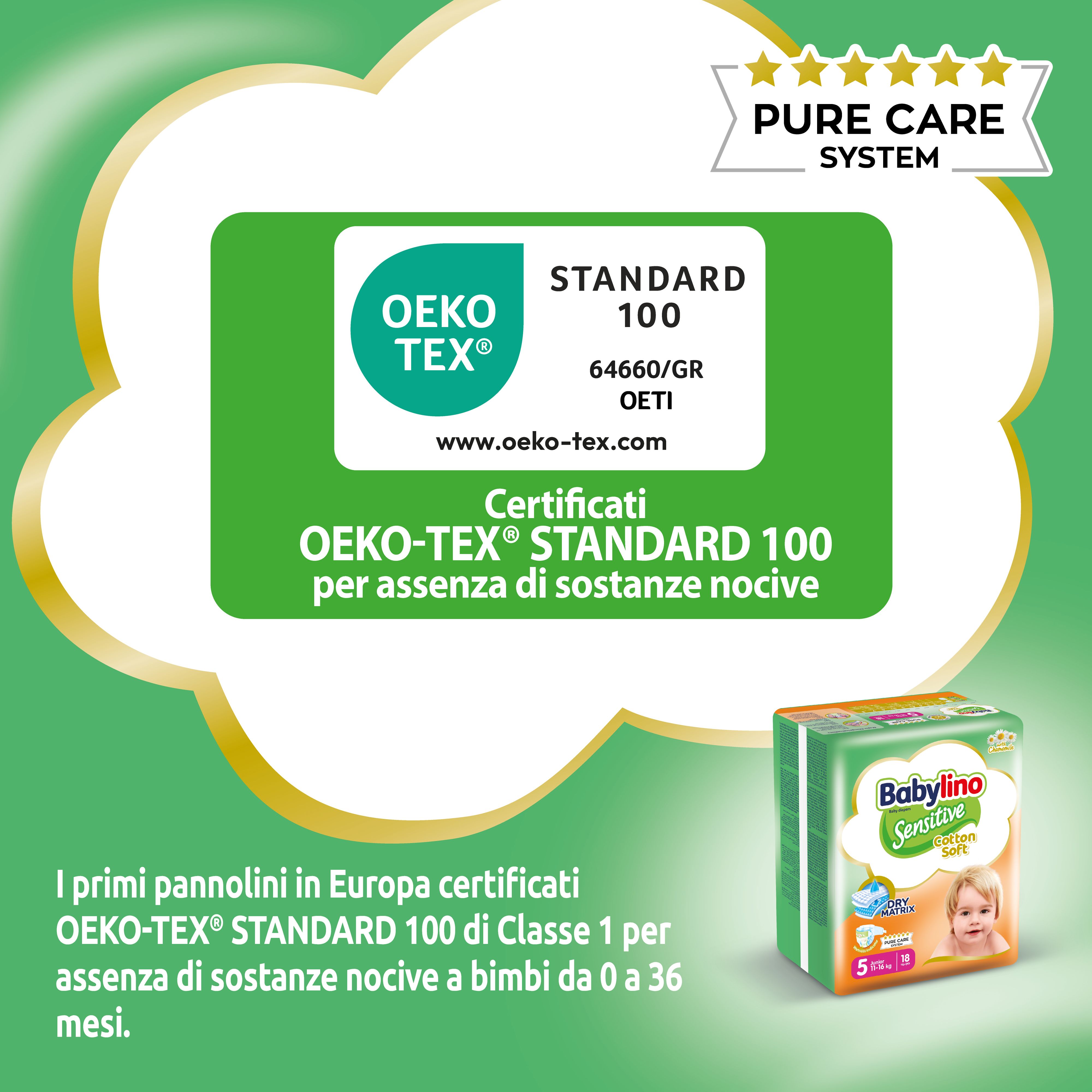 Certificato Oeko-Tex Standard 100. Testo: Oeko-Tex Standard 100 per assenza di sostanze nocive. Confezione piccola Babylino Sensitive.