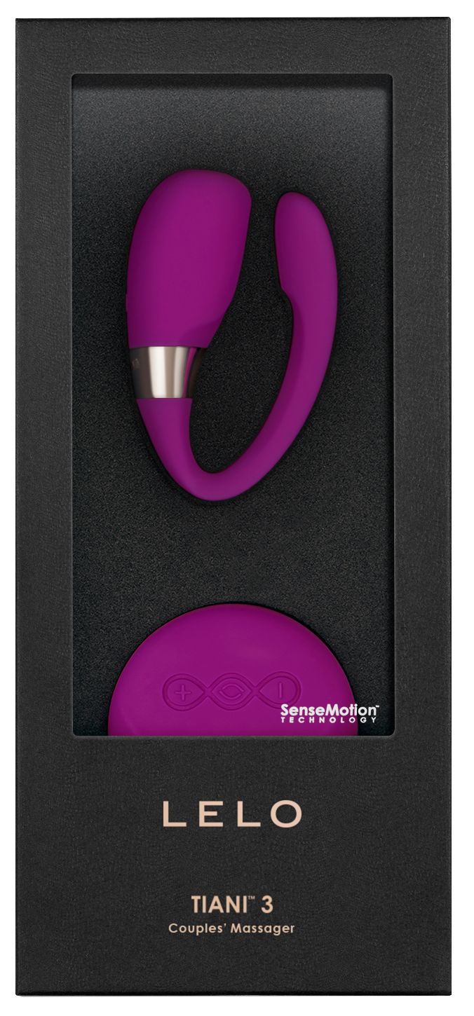 Massaggiatore per coppie viola in confezione regalo con scritta 'LELO TIANI 3'.