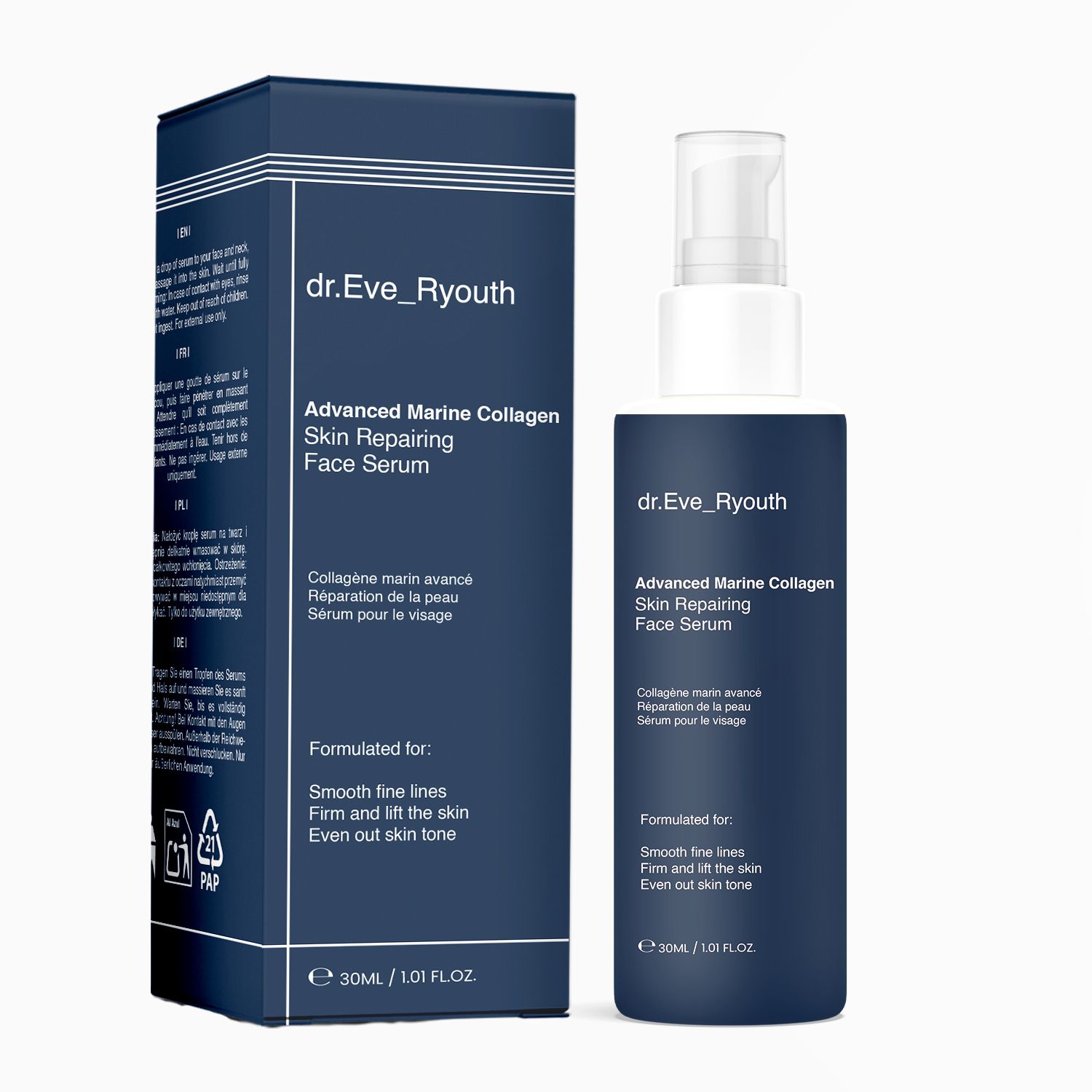 Flacone blu scuro con dosatore bianco e scatola. Scritta: "dr.Eve_Ryouth", "Advanced Marine Collagen Skin Repairing Face Serum".
