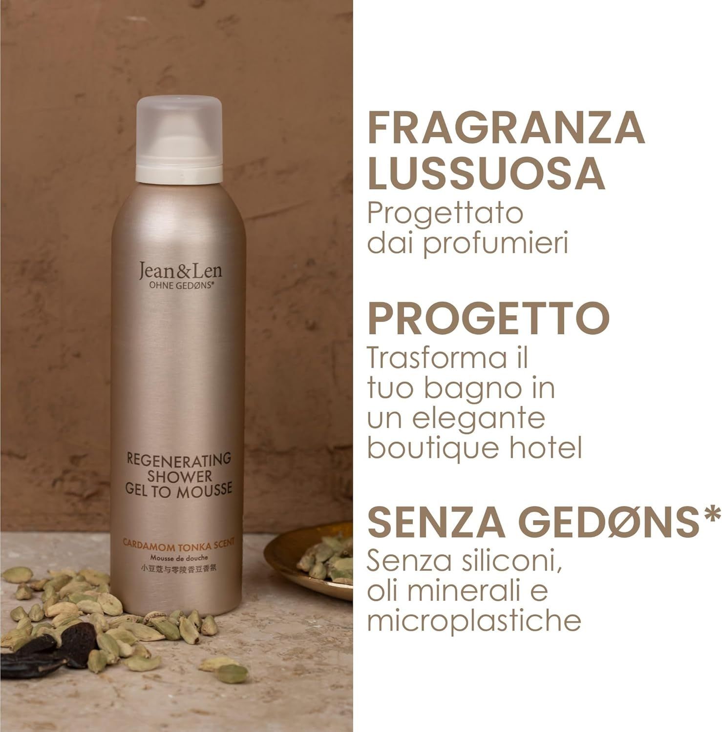 Flacone beige con tappo bianco. Testo: Jean & Len, Regenerating Shower Gel To Mousse. Spezie accanto.