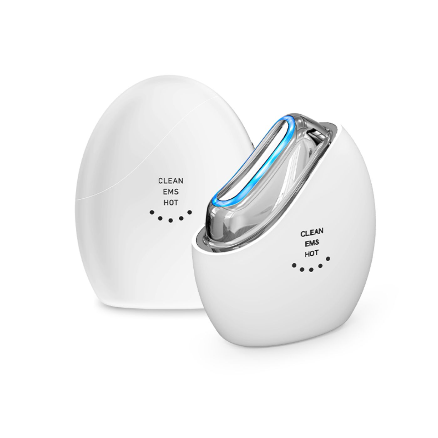 Dispositivo per massaggio viso e collo bianco con superficie argentata. Sono visibili LED sulla superficie.