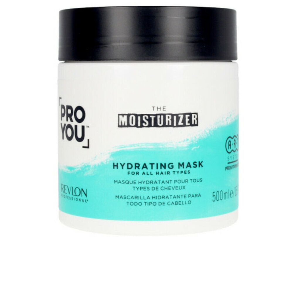 Vaso bianco con coperchio nero. Scritta: PRO YOU, THE MOISTIZER, HYDRATING MASK. Sfondo turchese. 500ml.