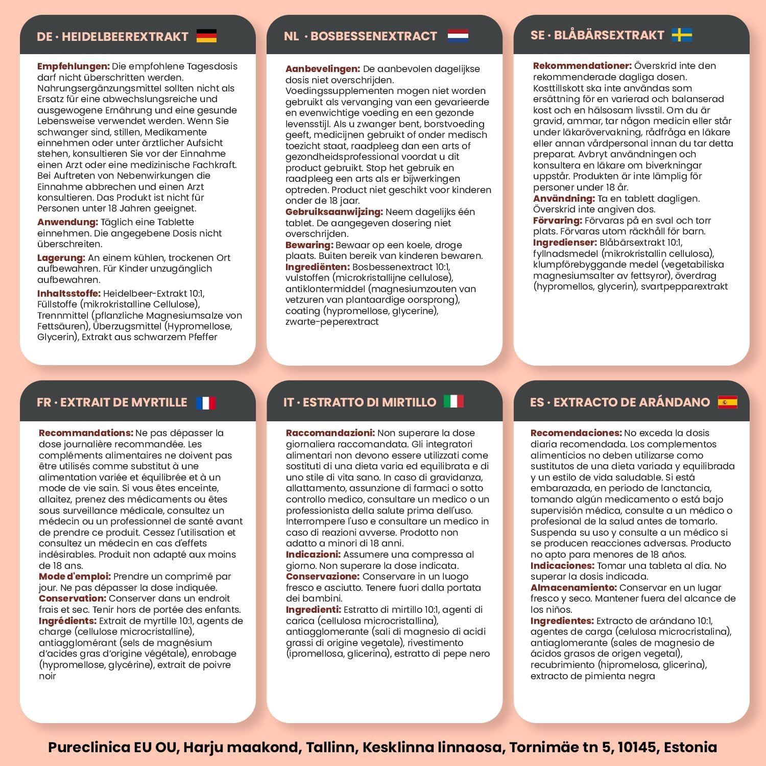 Istruzioni multilingue. Contiene informazioni su uso, ingredienti e conservazione. Estratto di mirtillo.