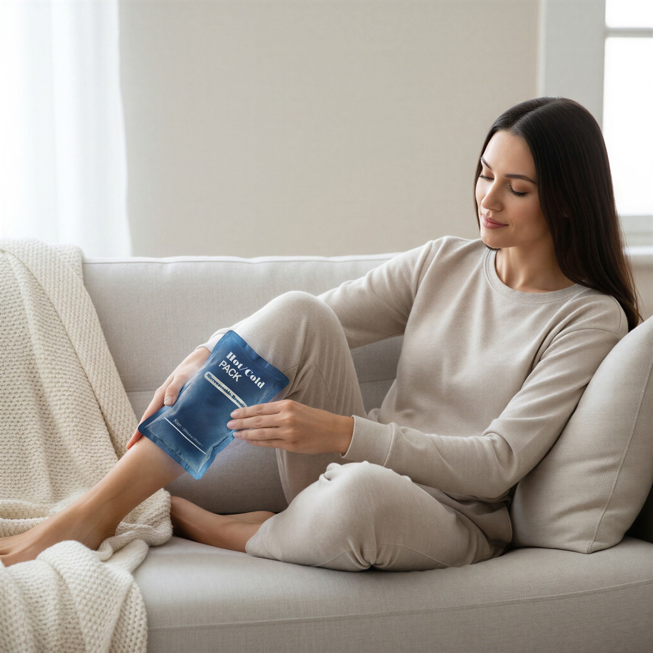 Donna seduta con impacco blu scuro sulla gamba. Scritto "Hot/Cold Pack". Sfondo: divano, coperta.
