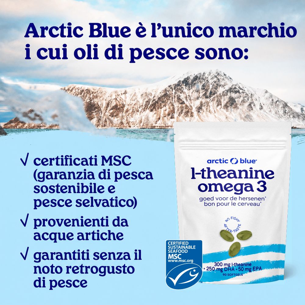 Arctic Blue L-Teanina Omega 3. Certificato MSC. Contiene 300mg L-teanina, 250mg DHA, 50mg EPA.