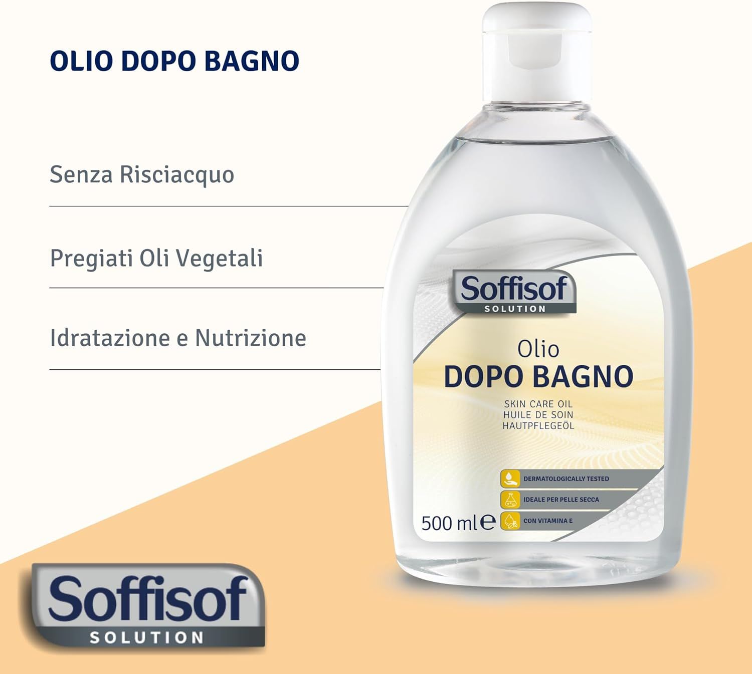 Flacone con etichetta e nome del prodotto. Testo: Senza risciacquo, oli vegetali pregiati, idratazione e nutrizione.