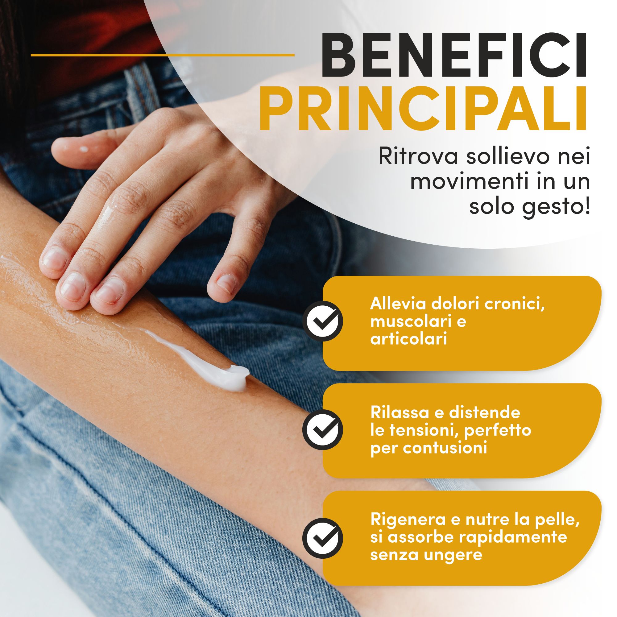 Mano che applica il gel sul braccio. Testo: Allevia dolori cronici, rilassa i muscoli, rigenera la pelle. Gel ad assorbimento rapido.
