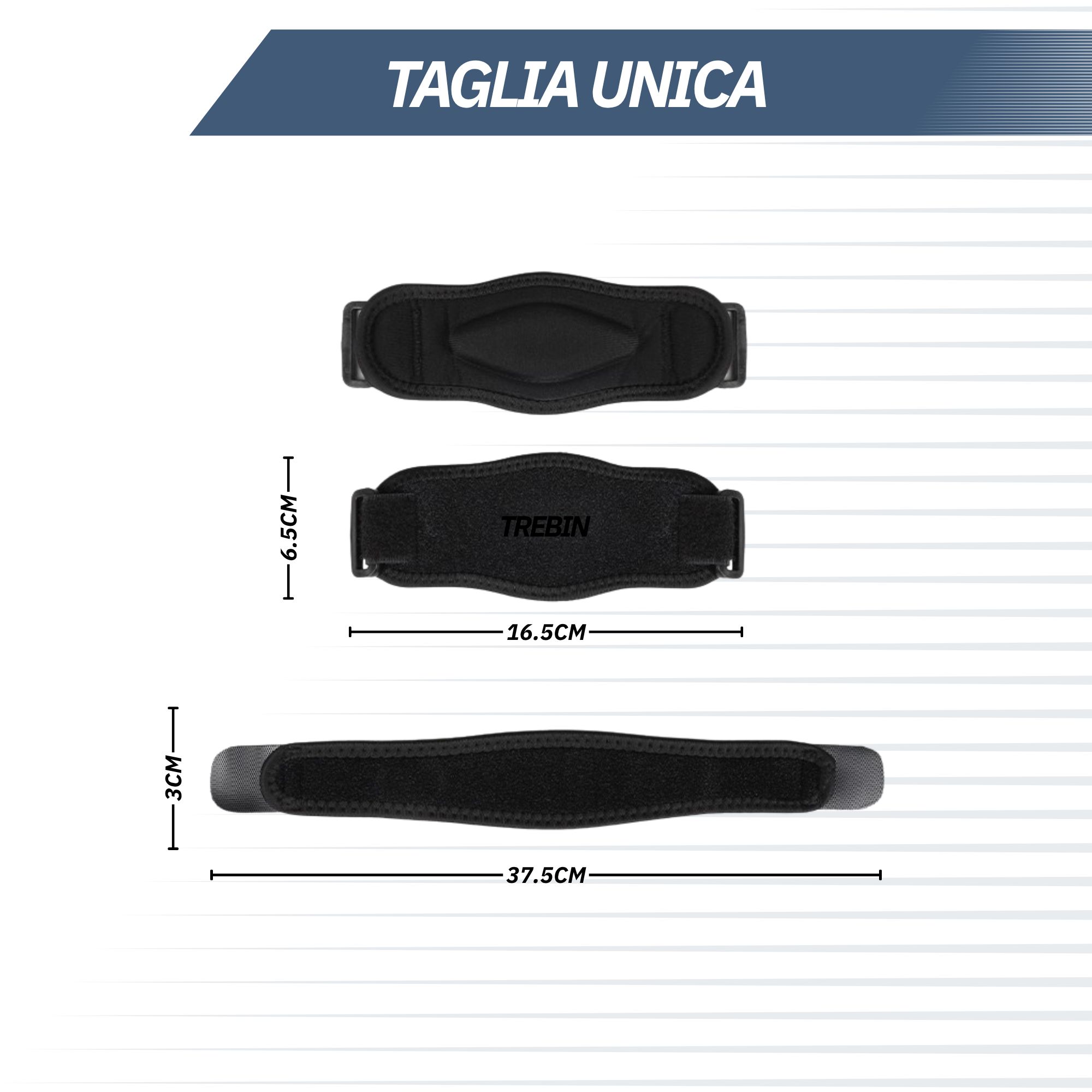 Tre fasce nere di diverse dimensioni per stabilizzare le articolazioni. Marca TREBIN.