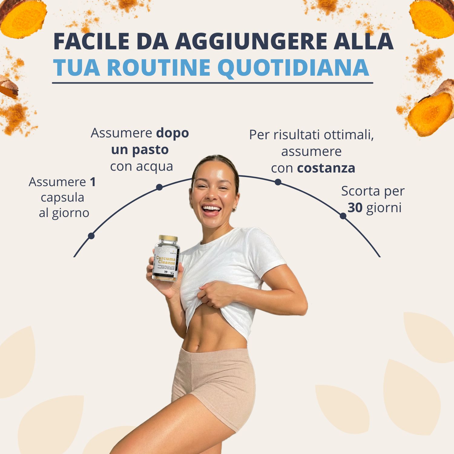 Una donna integra Curcuma Cleanse nella sua routine quotidiana: assunzione, uso e scorta di 30 giorni.