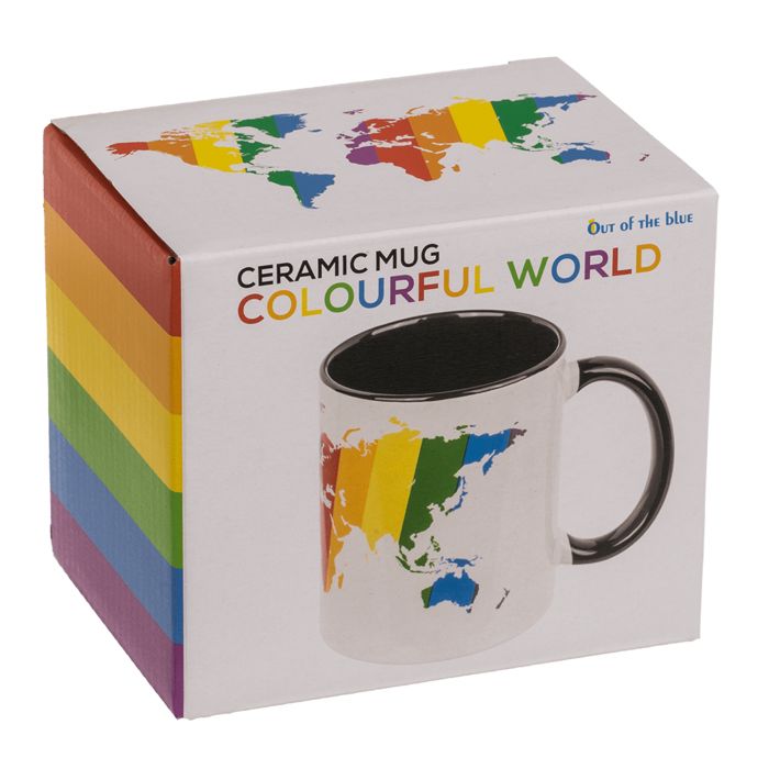 Tazza con mappa del mondo colorata e manico nero, in scatola con mappa del mondo arcobaleno. Scritta: Colourful World.