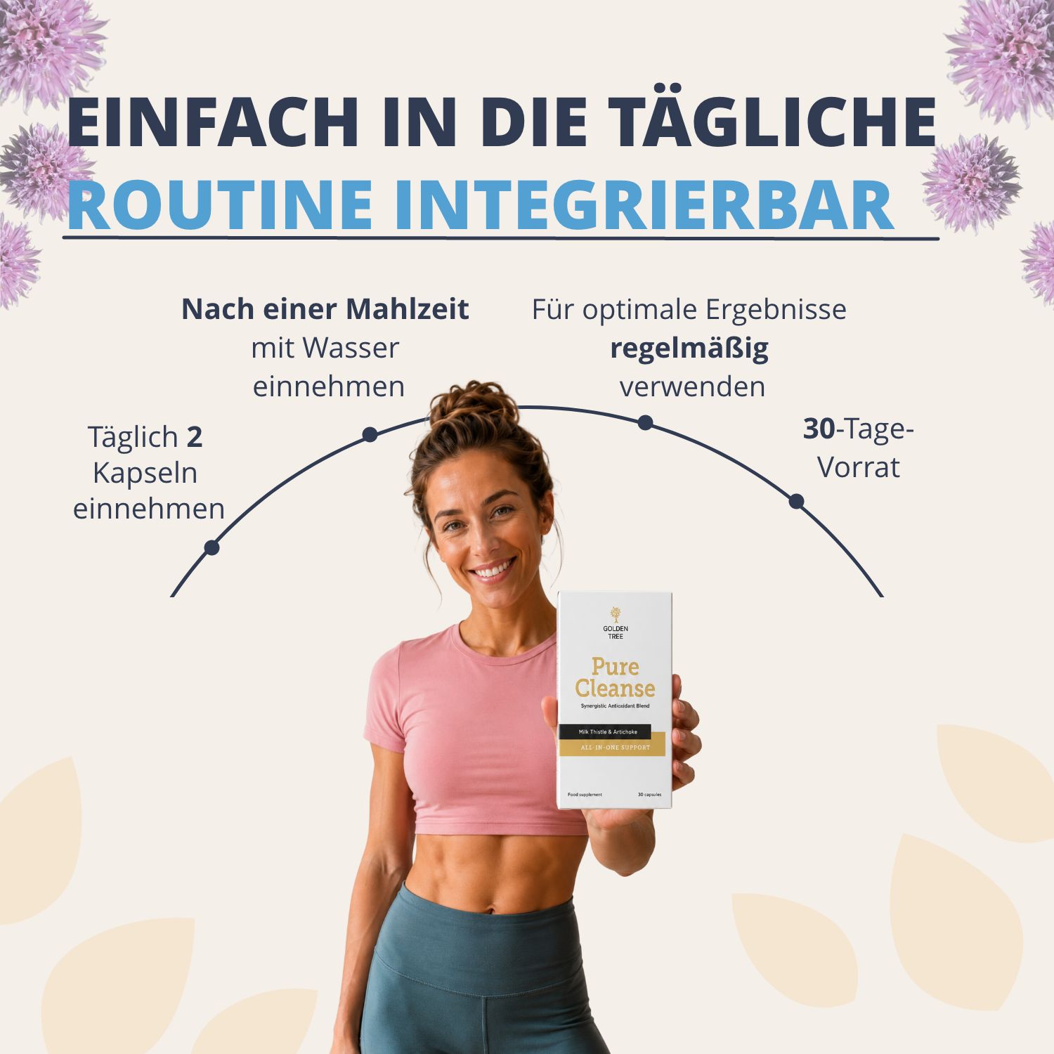 Donna che tiene la confezione Golden Tree Pure Cleanse, integrabile nella routine quotidiana.