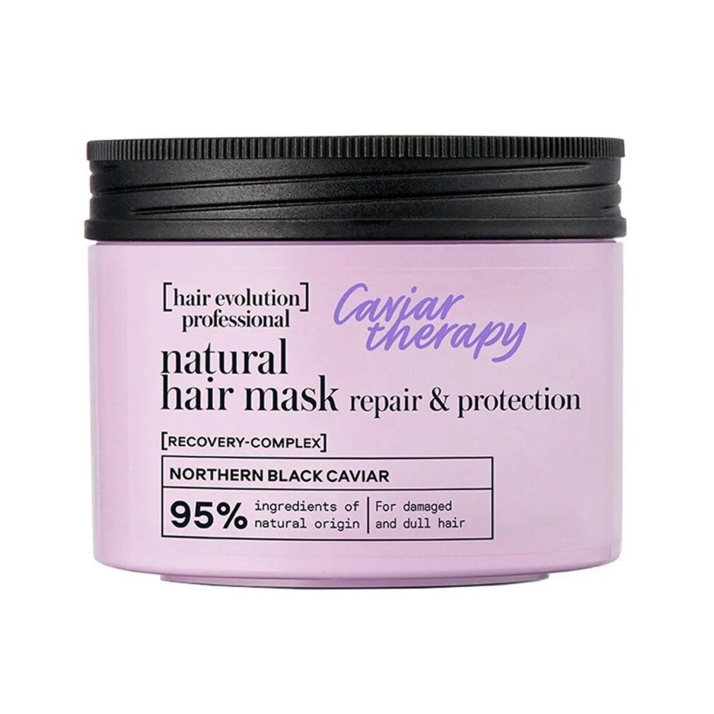 Vaso rosa con coperchio nero. Scritta: Caviar Therapy, Natural Hair Mask, Northern Black Caviar.