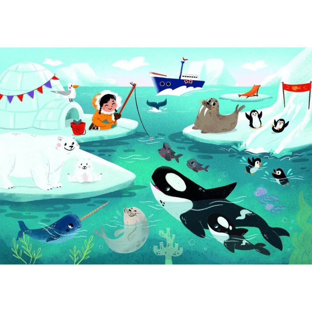 Due motivi puzzle: animali marini e spiaggia. Orsi polari, orche, foche, pinguini, subacquei, bagnanti. Marchio: Clementoni.