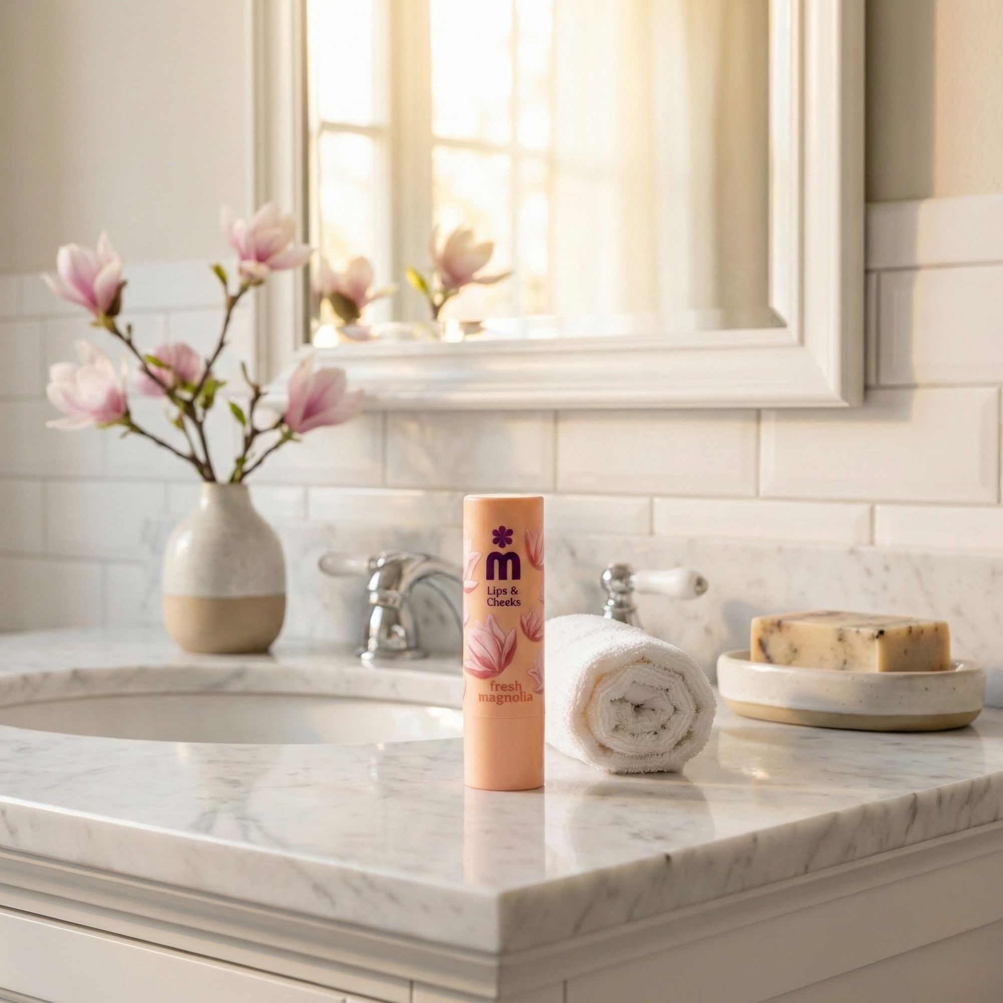 Balsamo labbra e guance su superficie in marmo. Confezione beige con logo e motivo magnolia. Vicino ad asciugamano e sapone.