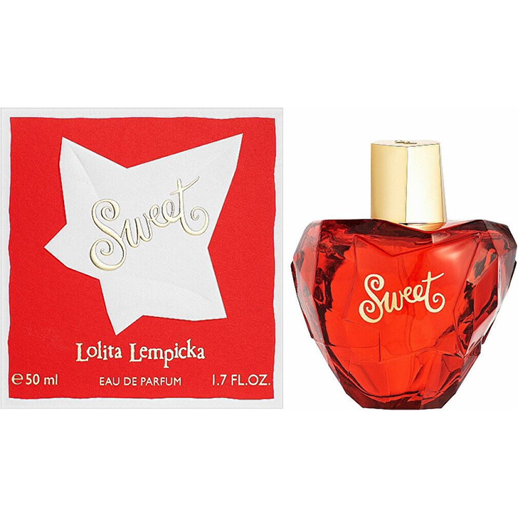 Flacone rosso a forma di cuore con tappo dorato. Scatola rossa con illustrazione a stella e scritta Sweet.