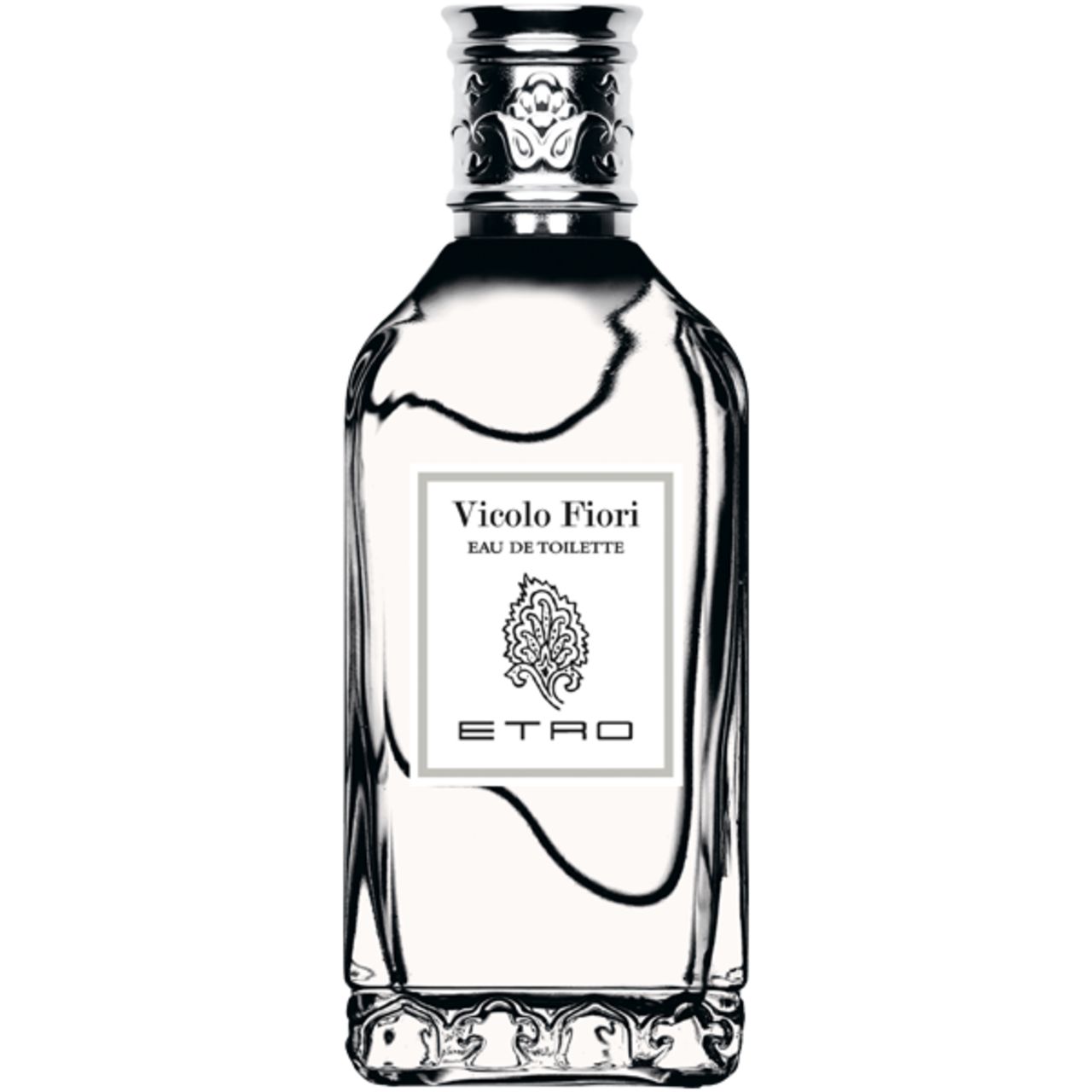 Flacone di profumo con tappo argentato. L'etichetta riporta "Vicolo Fiori Eau de Toilette" e "ETRO".