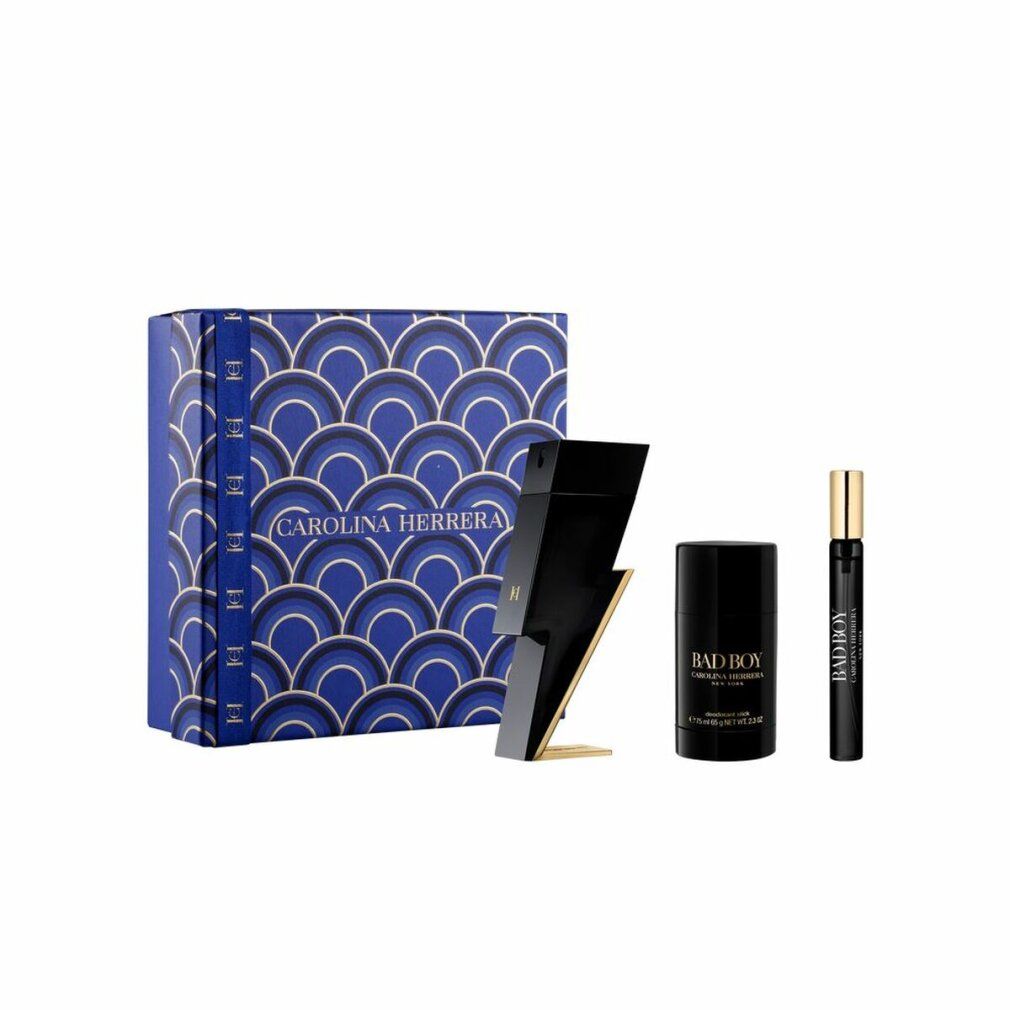 Set regalo con scatola blu, flacone di profumo a forma di fulmine, deodorante e vaporizzatore. Accenti neri e oro.