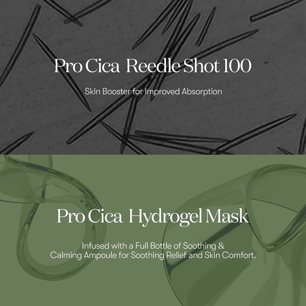 Due aree con testo. Sopra: Pro Cica Reedle Shot 100. Sotto: Pro Cica Hydrogel Maske. Sfondo: Grigio e verde.