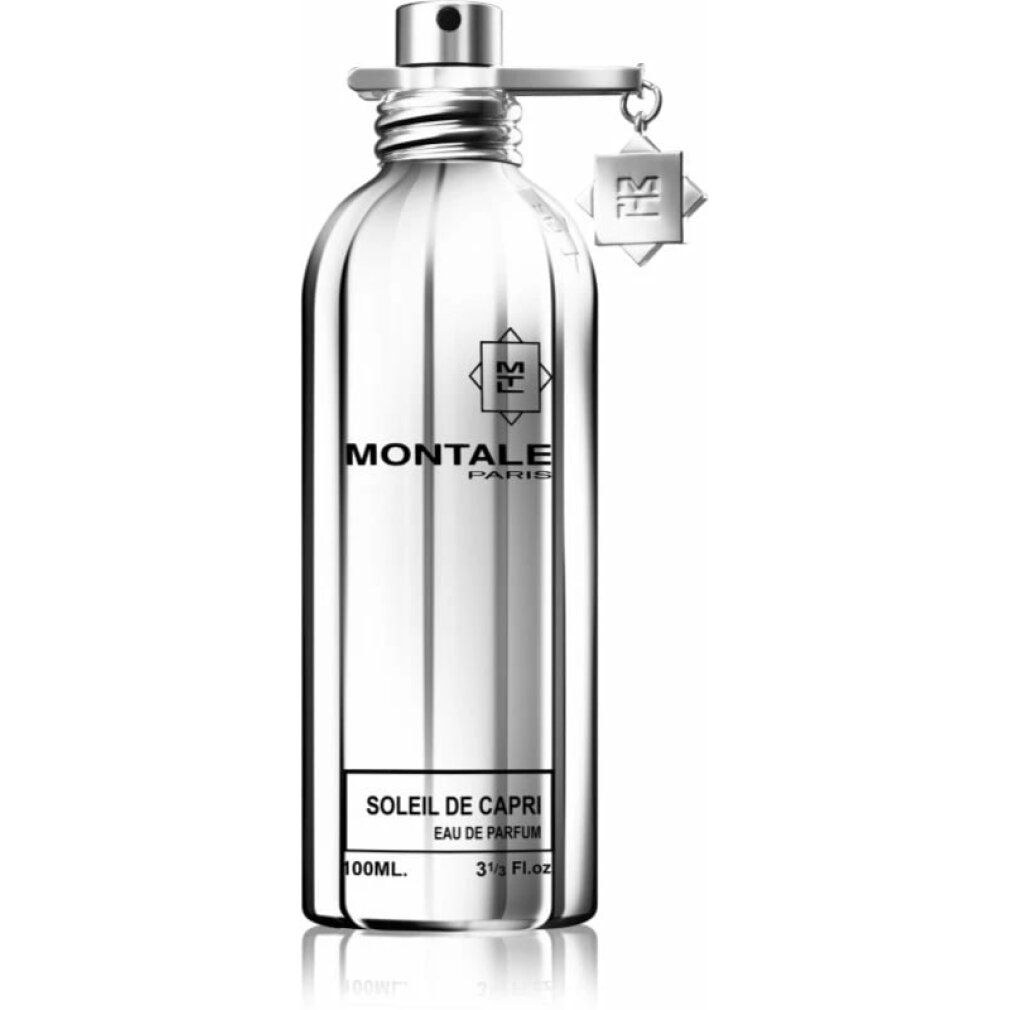 Flacone argentato con scritta: Montale Paris, Soleil de Capri. Ciondolo con logo.