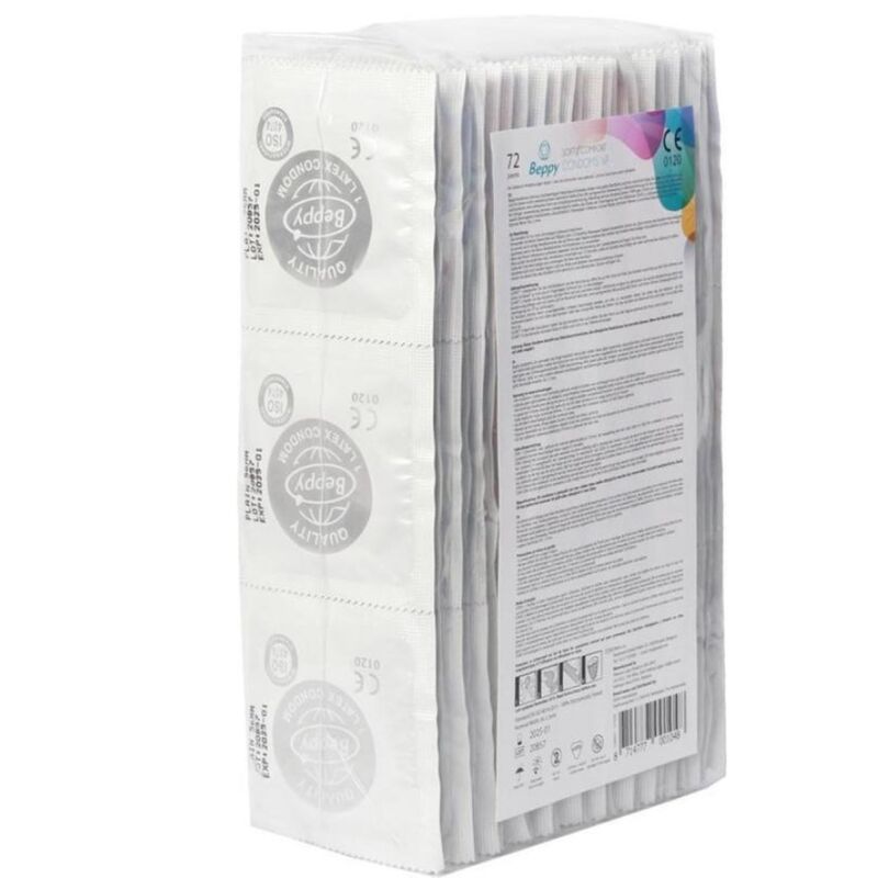 Confezione da 72 preservativi in lattice Beppy Comfort, vista laterale.