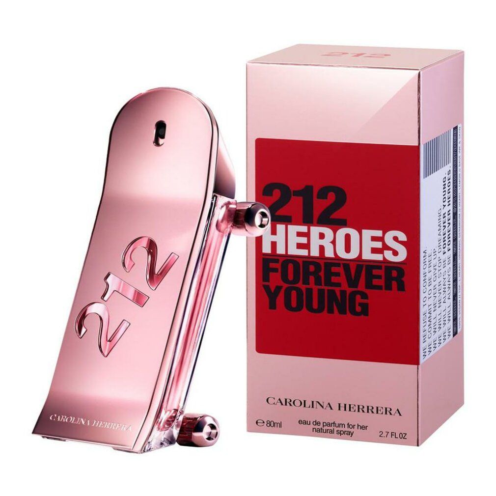 Flacone rosa a forma di skateboard e confezione rosa. Scritta: 212 HEROES FOREVER YOUNG. Marchio: CAROLINA HERRERA.