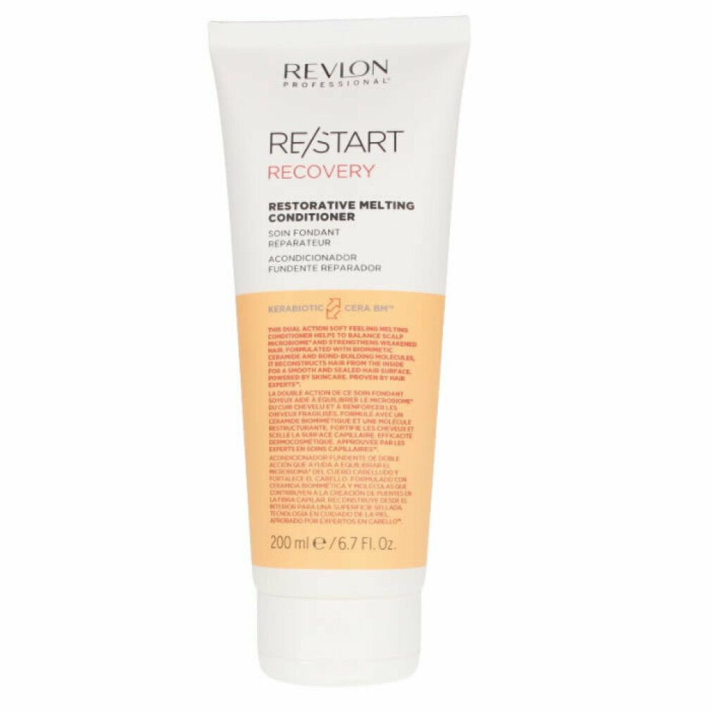 Tubo bianco-arancione con informazioni prodotto. Scritta: RE/START RECOVERY. Restorative Melting Conditioner. 200 ml/6.7 Fl. Oz.
