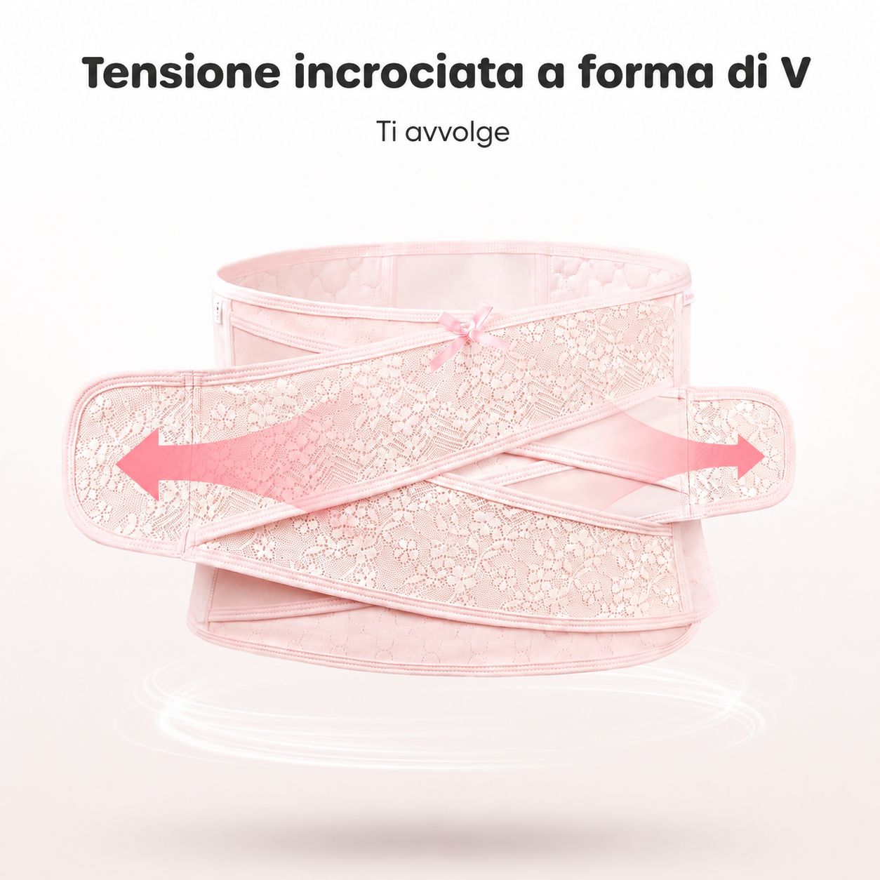 Fascia addominale rosa indossata da una donna, che mostra il supporto incrociato a V.