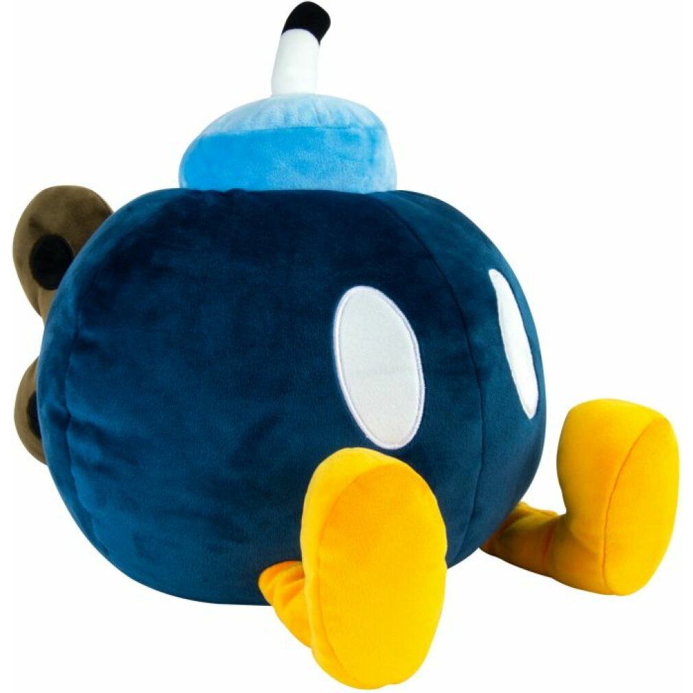 Peluche Bob-omb blu con piedi gialli, lati marroni e dettagli bianchi. Stoppino blu e bianco in cima.