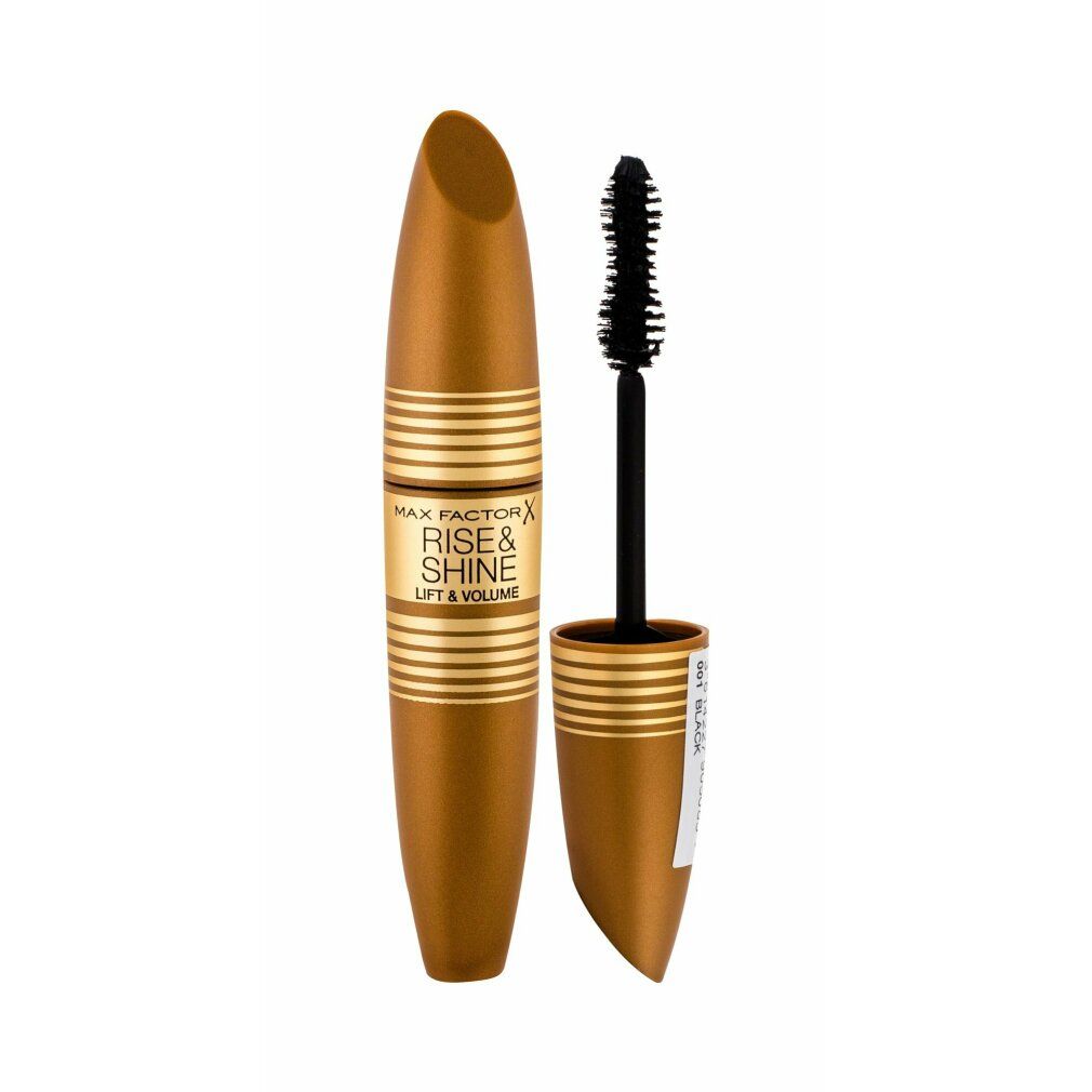 Mascara dorato con tappo e spazzola aperti. Spazzola nera. Scritta dorata: RISE & SHINE LIFT & VOLUME.
