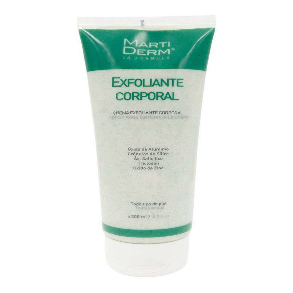 Tubo verde con EXFOLIANTE CORPORAL. Contiene 200 ml. Per tutti i tipi di pelle. Contiene ossido di alluminio, silice, ossido di zinco.