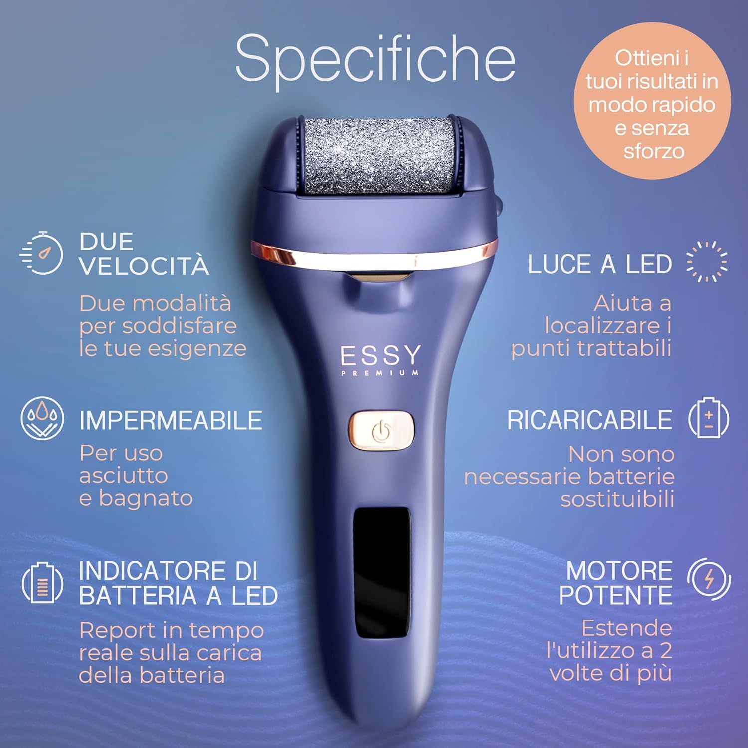 Rimuovi calli elettrico Essy con 5 rulli di ricambio – Blu