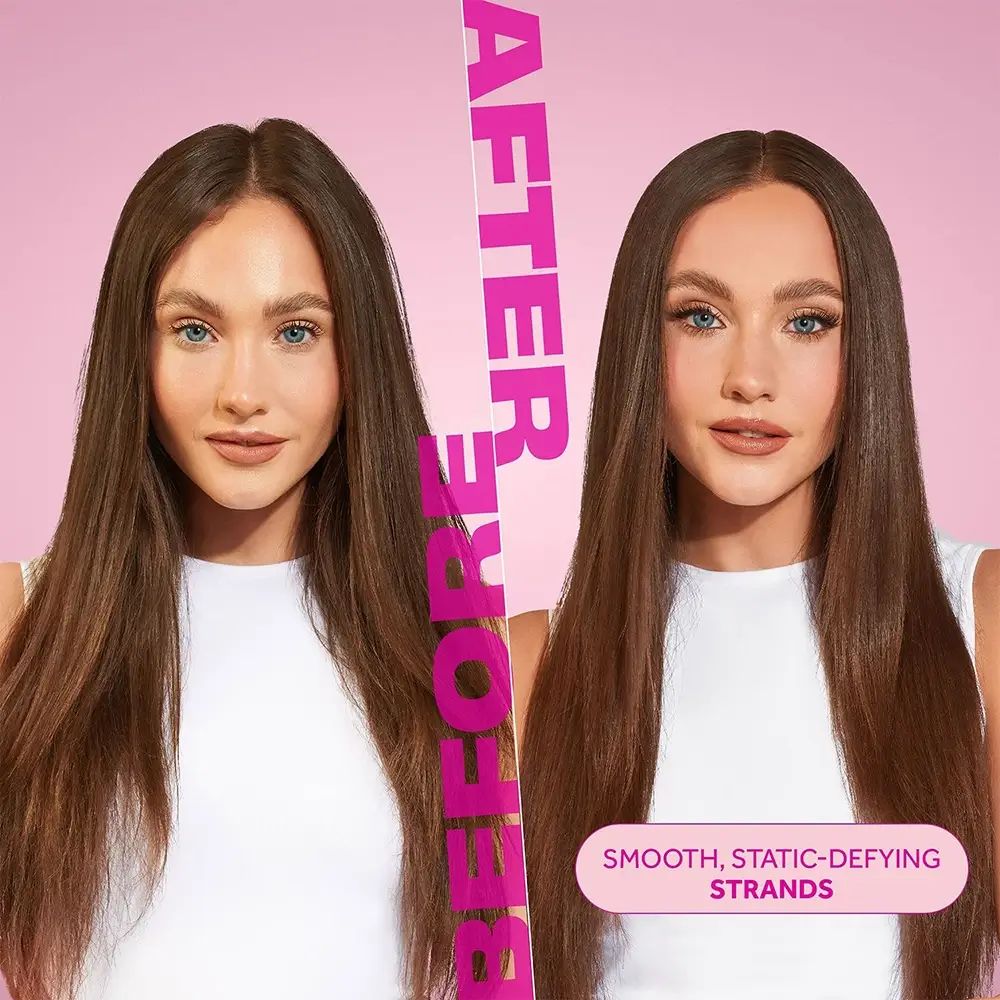 Confronto prima-dopo: donna con capelli lisci. Sinistra: prima. Destra: dopo. Testo: ciocche lisce, antistatiche.