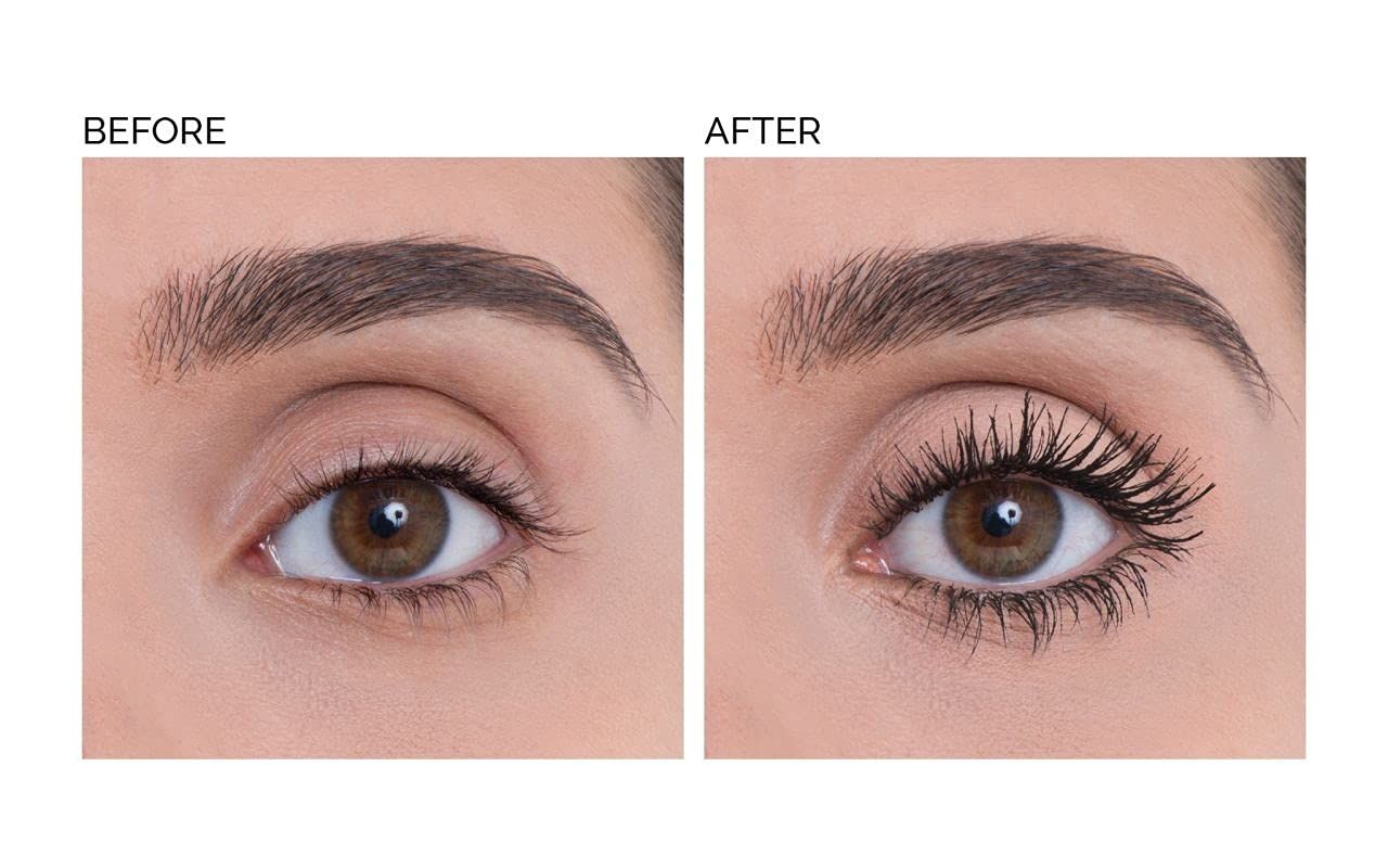 Confronto prima-dopo. Occhi con e senza mascara. Differenza di volume evidente.