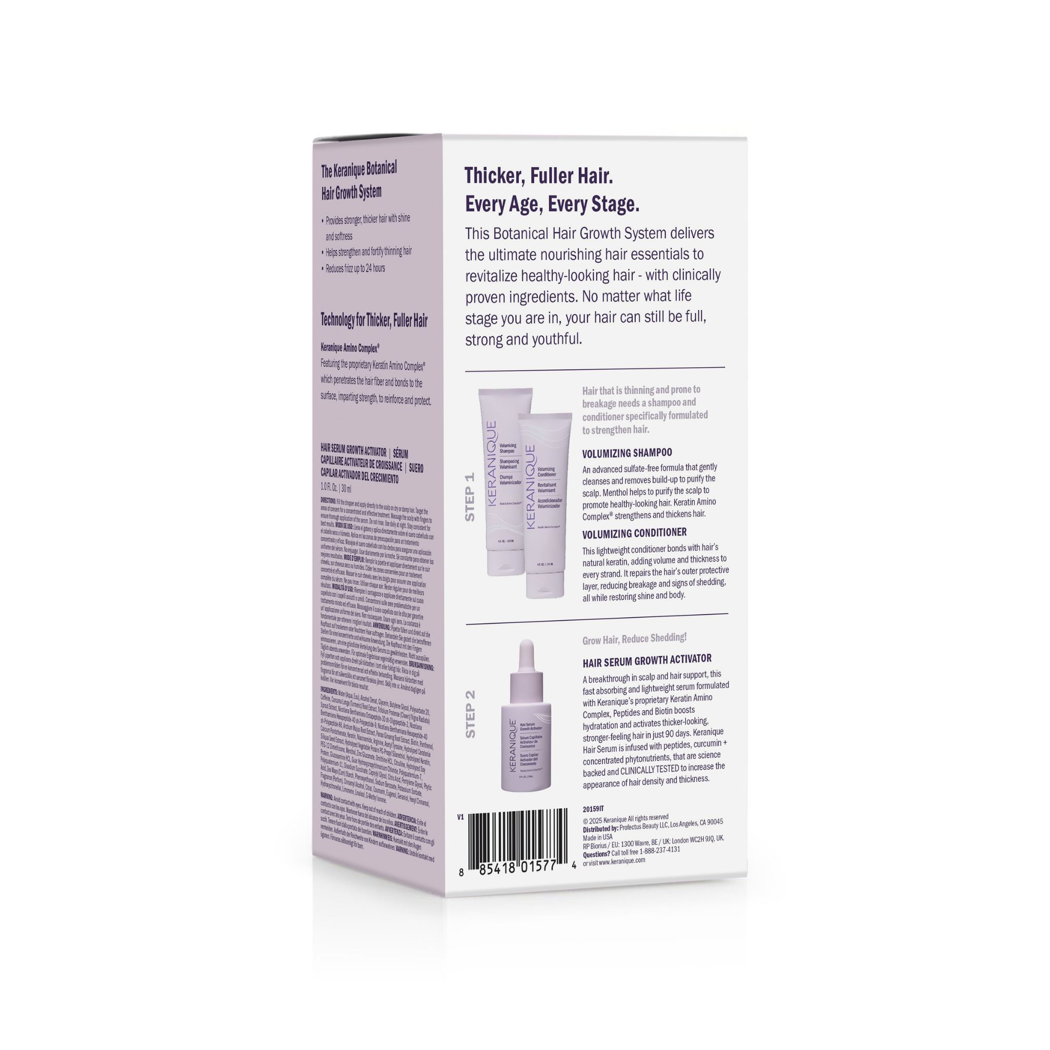 Retro della confezione Keranique. Contiene informazioni sul prodotto e immagini dei prodotti.