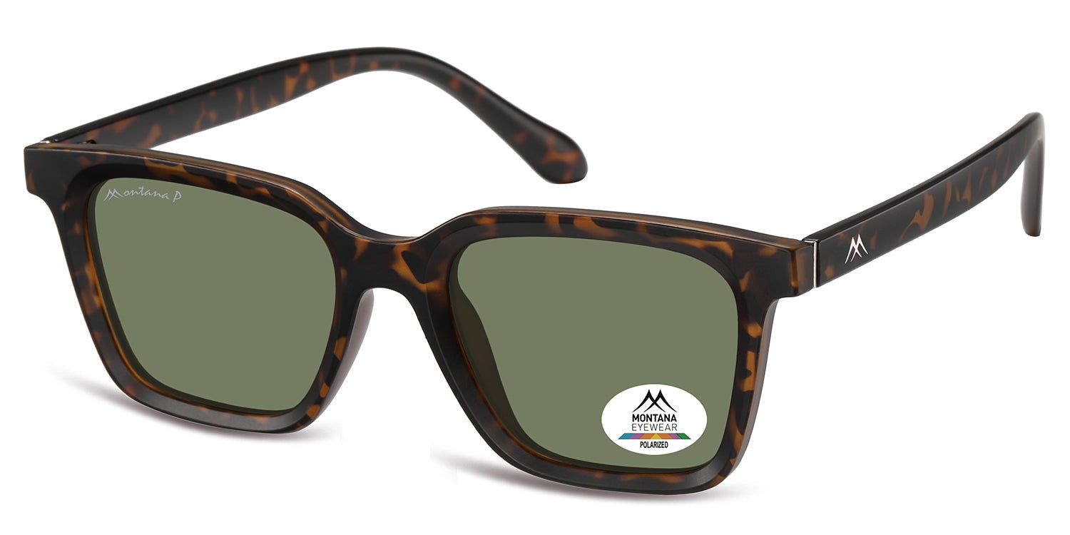 Occhiali da sole con montatura marrone e lenti verdi. Il logo Montana Eyewear è visibile su una lente.