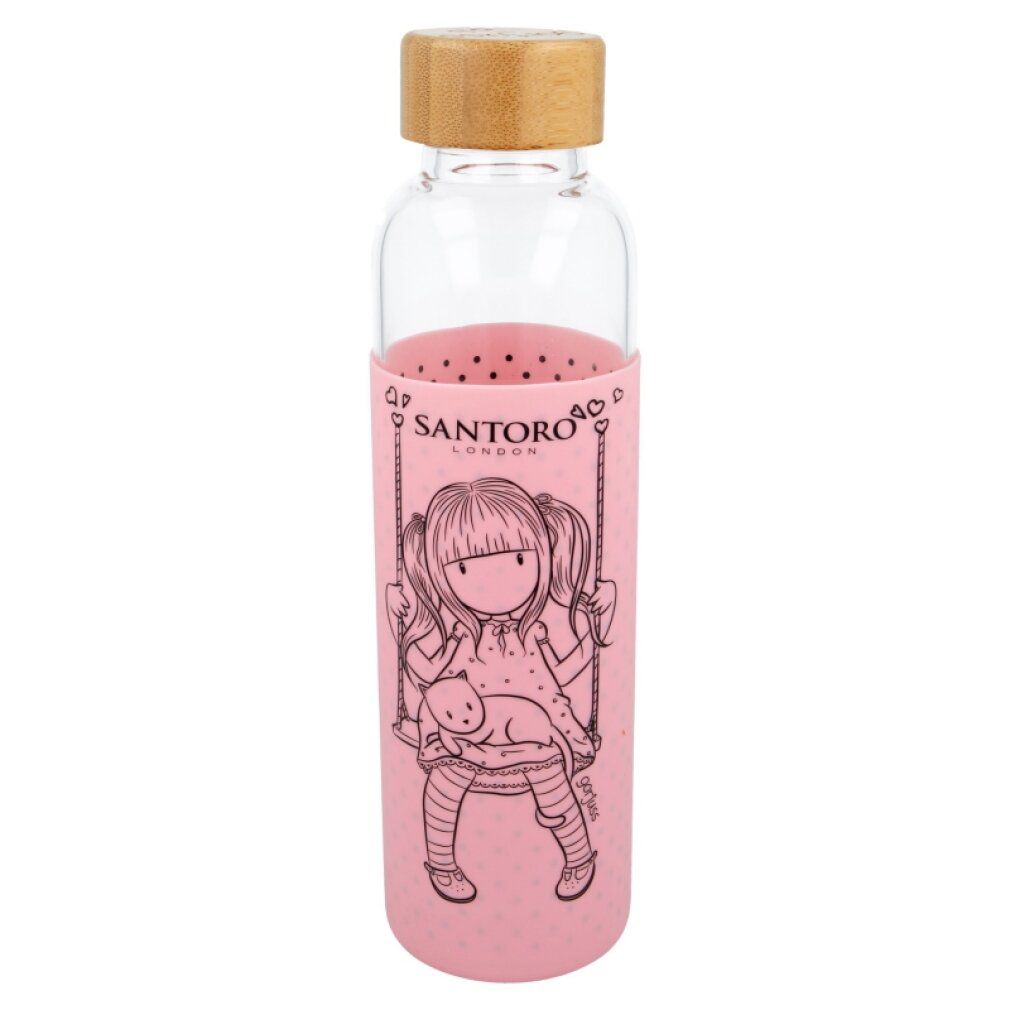 Borraccia in vetro con rivestimento rosa. Illustrazione di ragazza. Tappo in legno. Logo Santoro London.