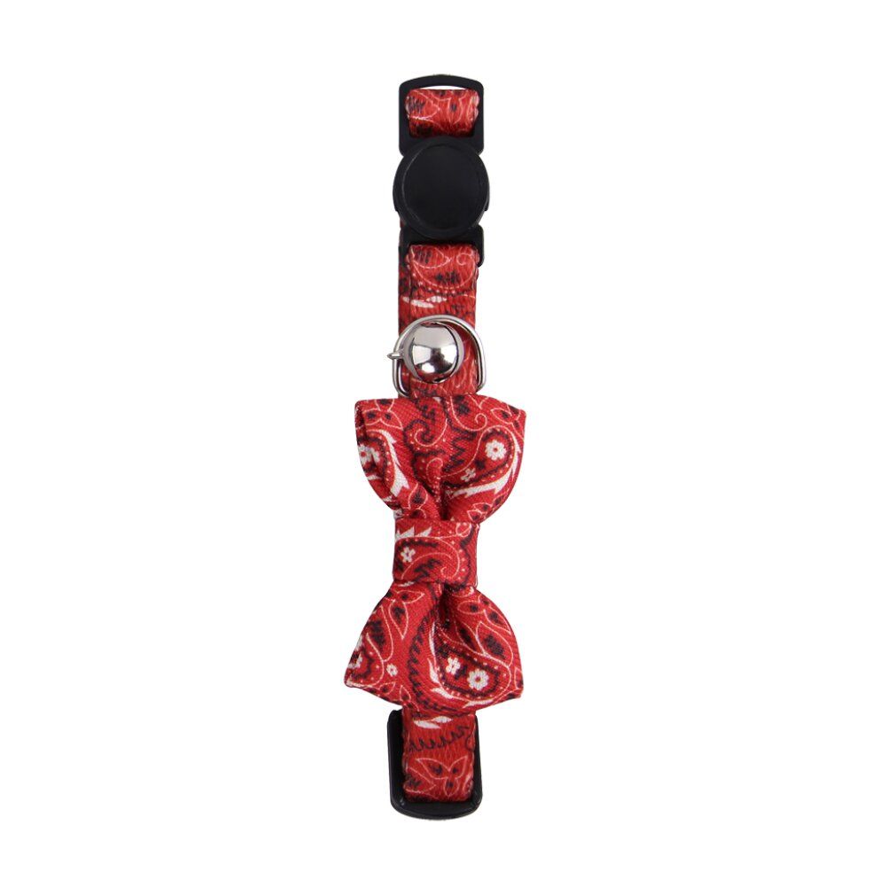 Collare per gatti con motivo bandana rosso e fiocco rosso. Con campanello e fibbia nera.