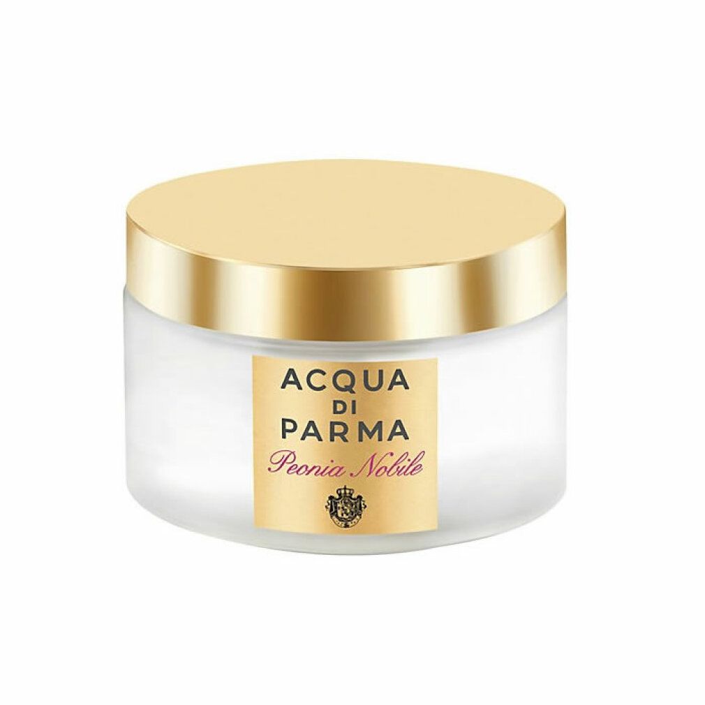 Vaso di crema con coperchio dorato. Scritta: Acqua di Parma Peonia Nobile. Contenitore di vetro.