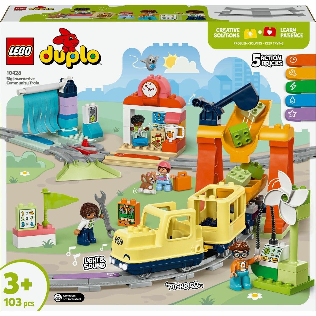 Set LEGO Duplo con treno giallo, binari, personaggi e accessori. Confezione con immagine del prodotto.
