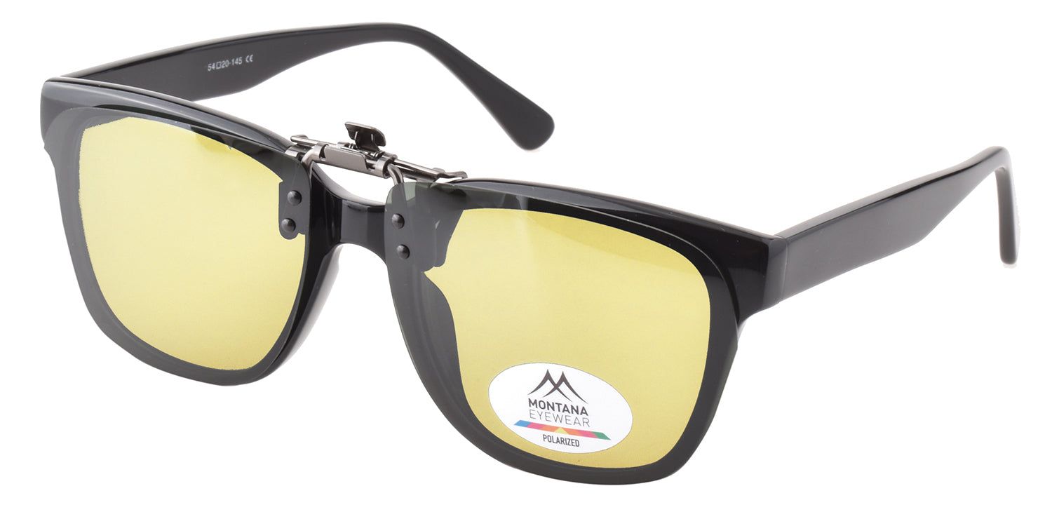 Occhiali neri con clip-on giallo. Logo Montana Eyewear ed etichetta polarizzata.