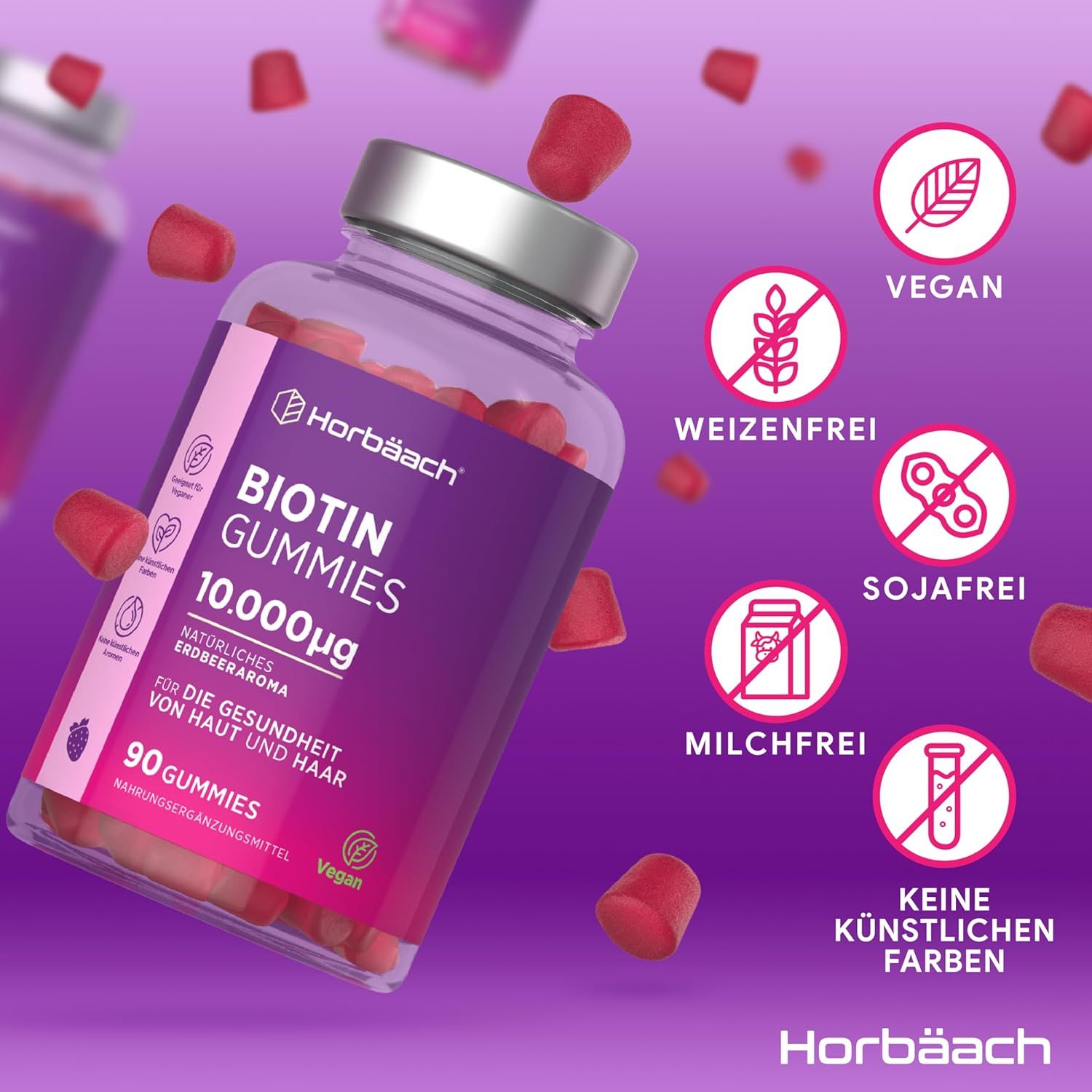 Bottiglia di Biotin Gummies. Orsetti gommosi rossi. Testo: 10.000µg, 90 Gummies, Vegan. Simboli: Vegan, senza glutine, soia, latte, coloranti artificiali.
