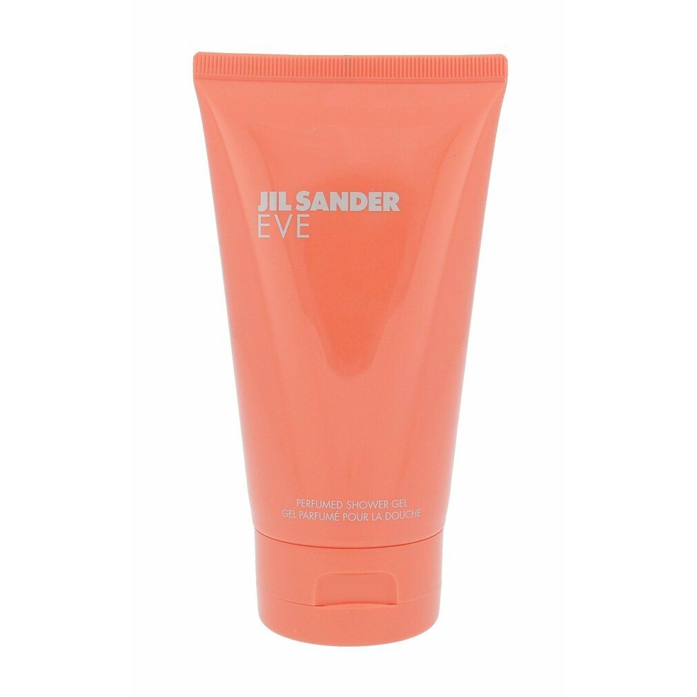 Tubo color corallo con scritta argentata JIL SANDER EVE. Sotto: PERFUMED SHOWER GEL, GEL PARFUMÉ POUR LA DOUCHE.