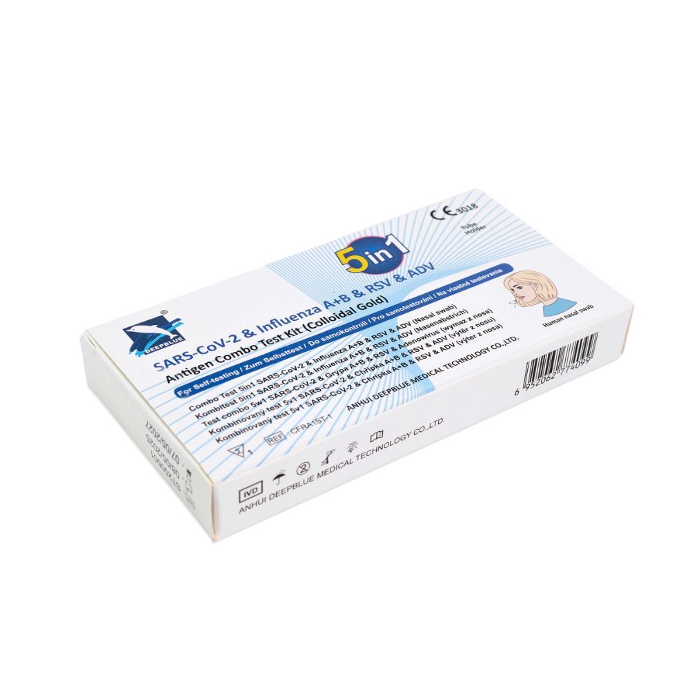 Confezione del test DeepBlue 5-in-1. Contiene kit per SARS-CoV-2, Influenza A/B, RSV e ADV. Con marchio CE.